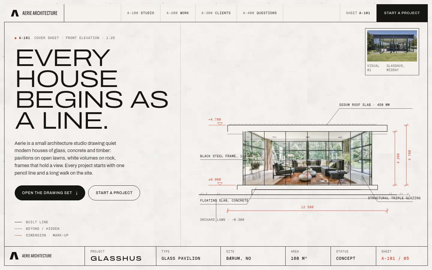 Homepage screenshot of Aerie Architecture – Architecture Studio Concept with Self-Drawing Elevations, designed and built by Munawar Baloch