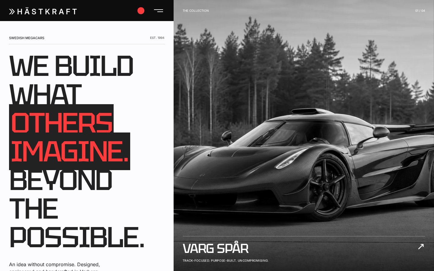 Homepage screenshot of Hästkraft – Hypercar Brand Website Concept, designed and built by Munawar Baloch