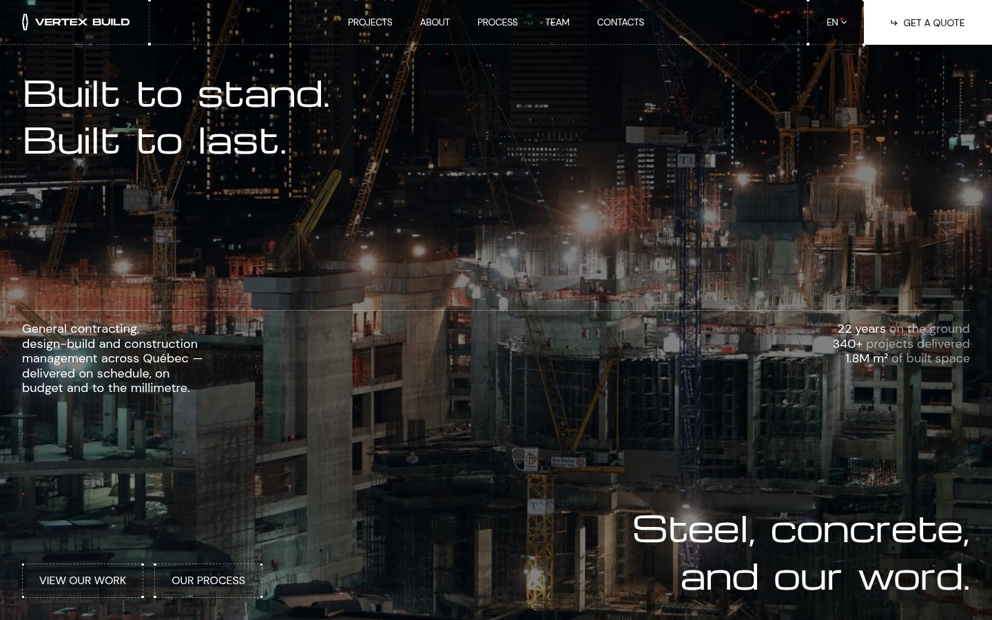 Homepage screenshot of Vertex Build – General Contractor Construction Website, designed and built by Munawar Baloch