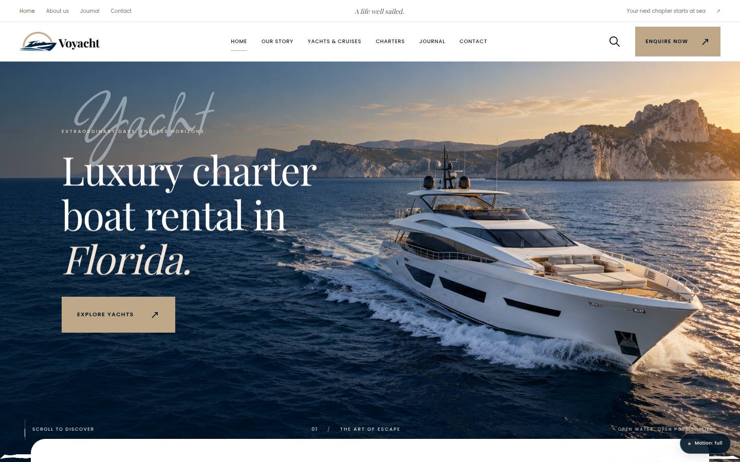 Homepage screenshot of Voyacht – Luxury Yacht Charter Website with GSAP & Lenis Motion, designed and built by Munawar Baloch