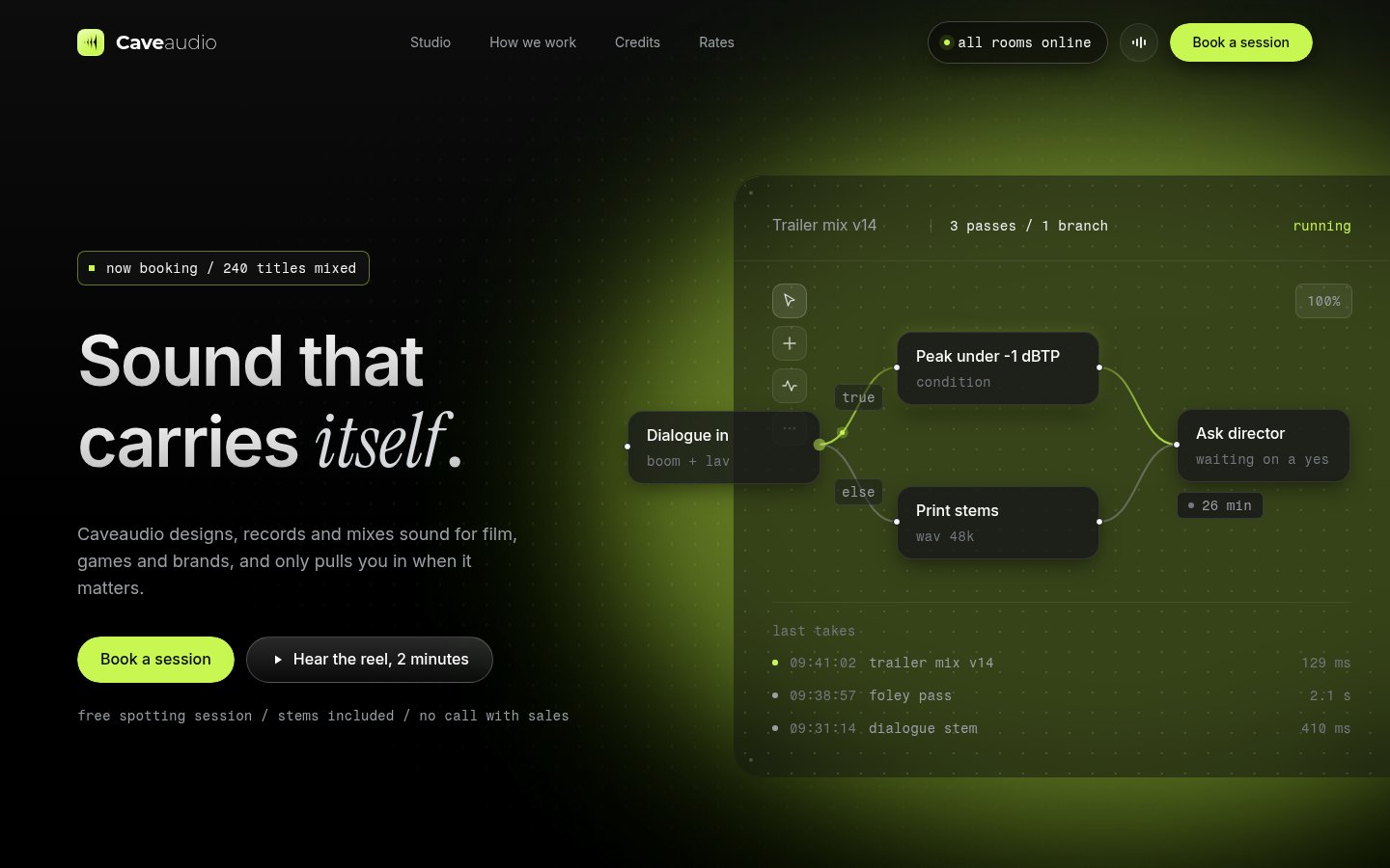 Homepage screenshot of Caveaudio – Sound Design & Mixing Studio Website, designed and built by Munawar Baloch