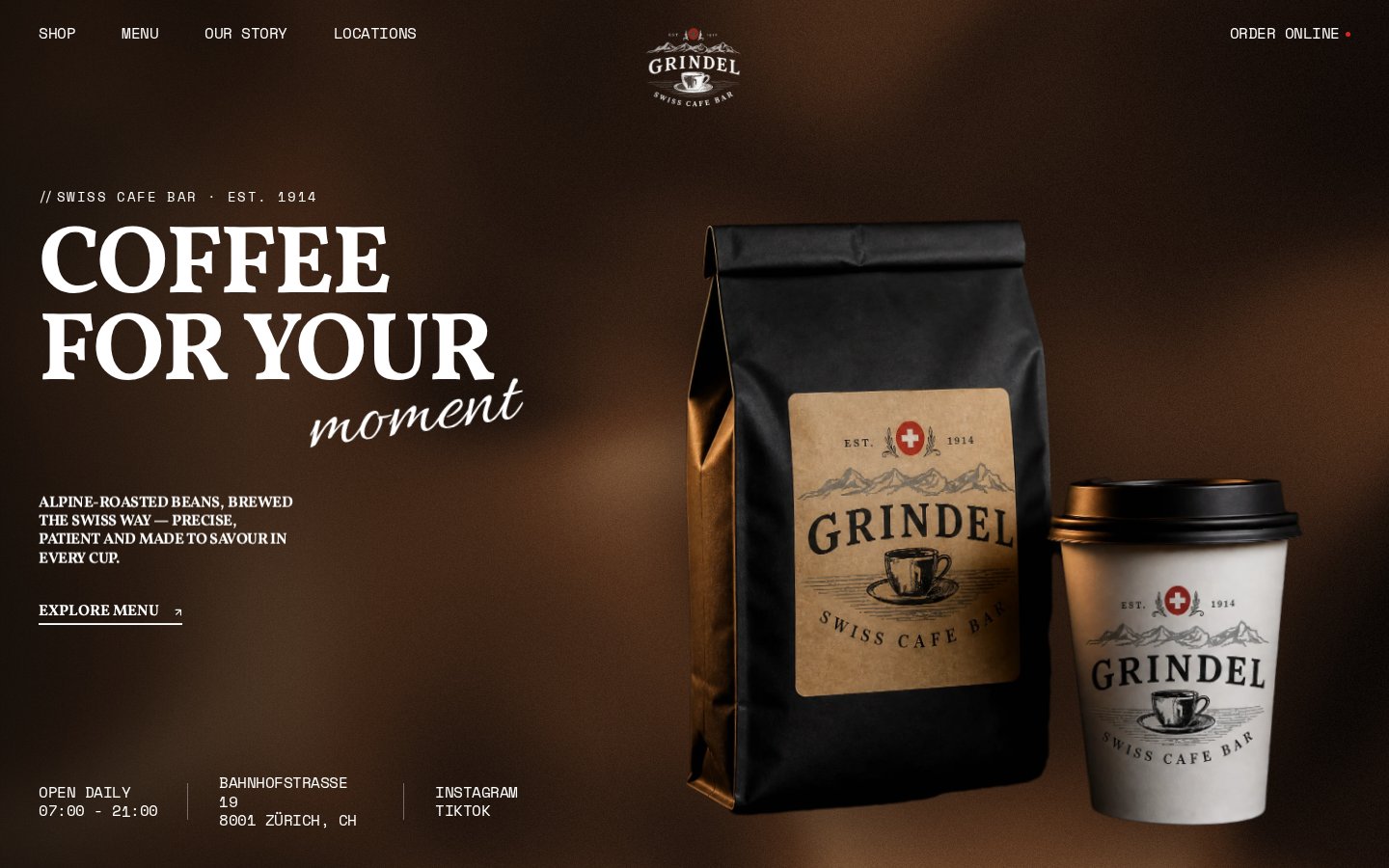 Homepage screenshot of Grindel – Swiss Cafe Bar Website with Order-Ahead Flow, designed and built by Munawar Baloch