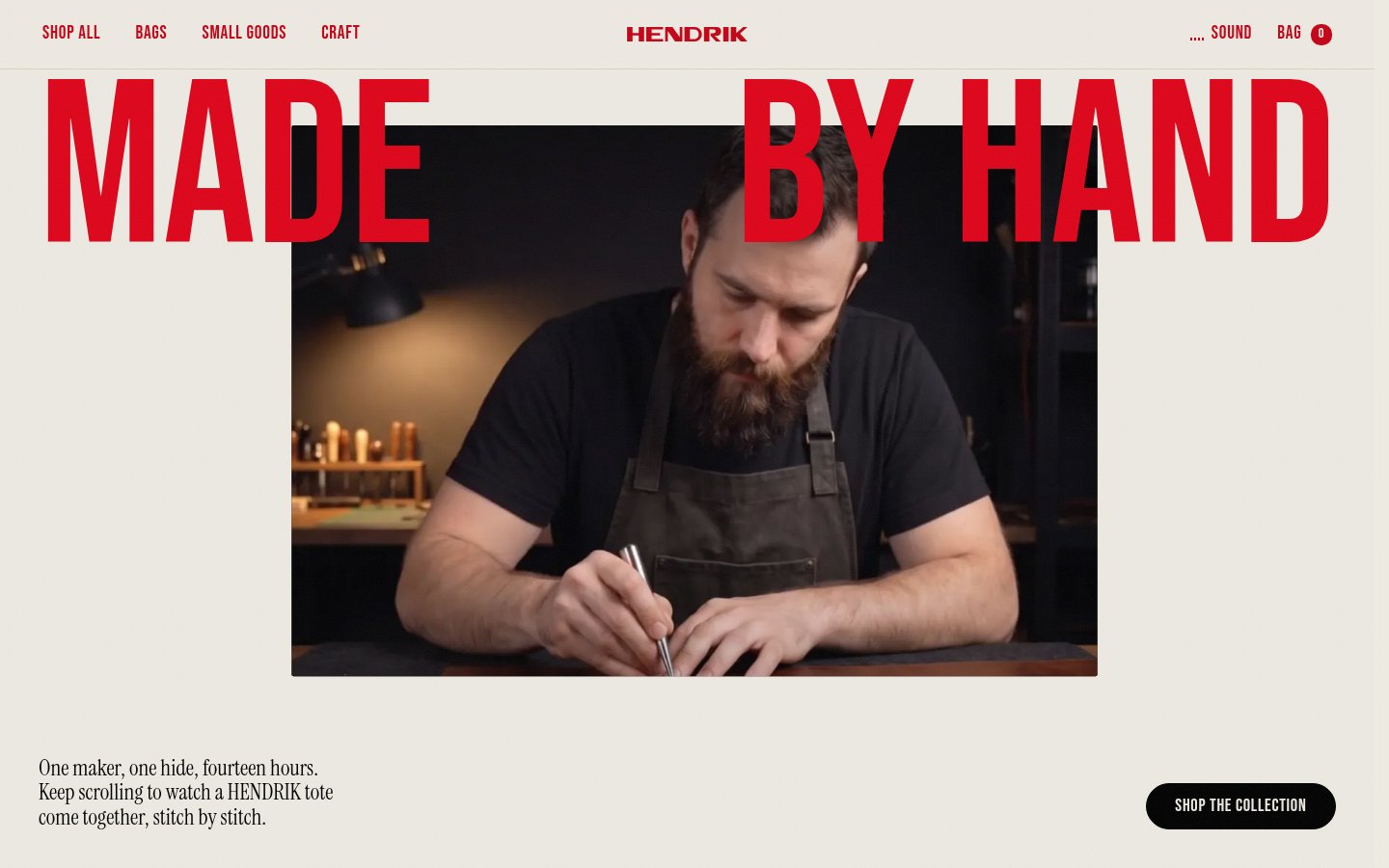 Homepage screenshot of Hendrik – Handmade Leather Goods Storefront, designed and built by Munawar Baloch