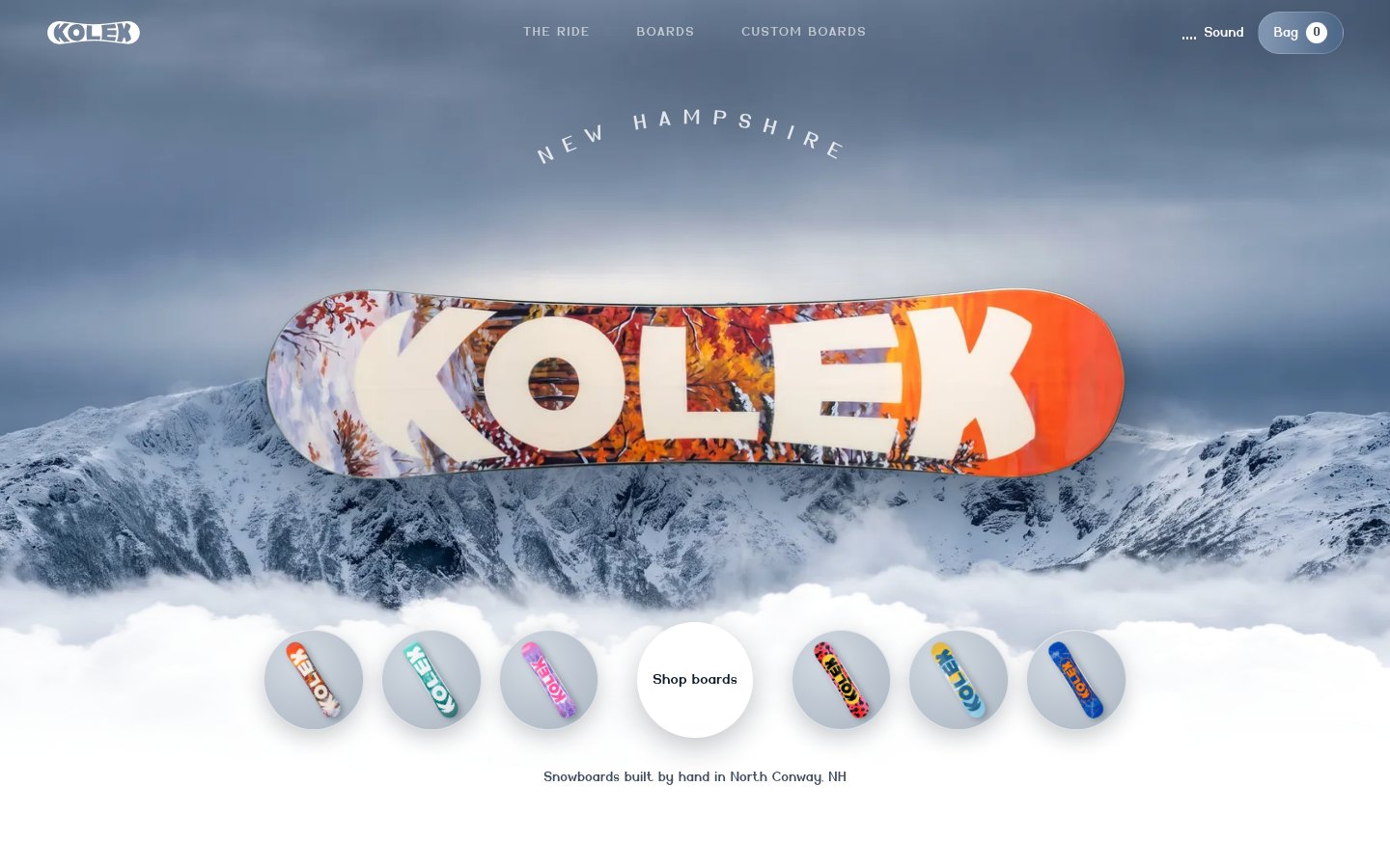 Capture de la page d’accueil de KOLEK – Boutique en ligne d’une marque de planches à neige artisanales, conçu et développé par Munawar Baloch