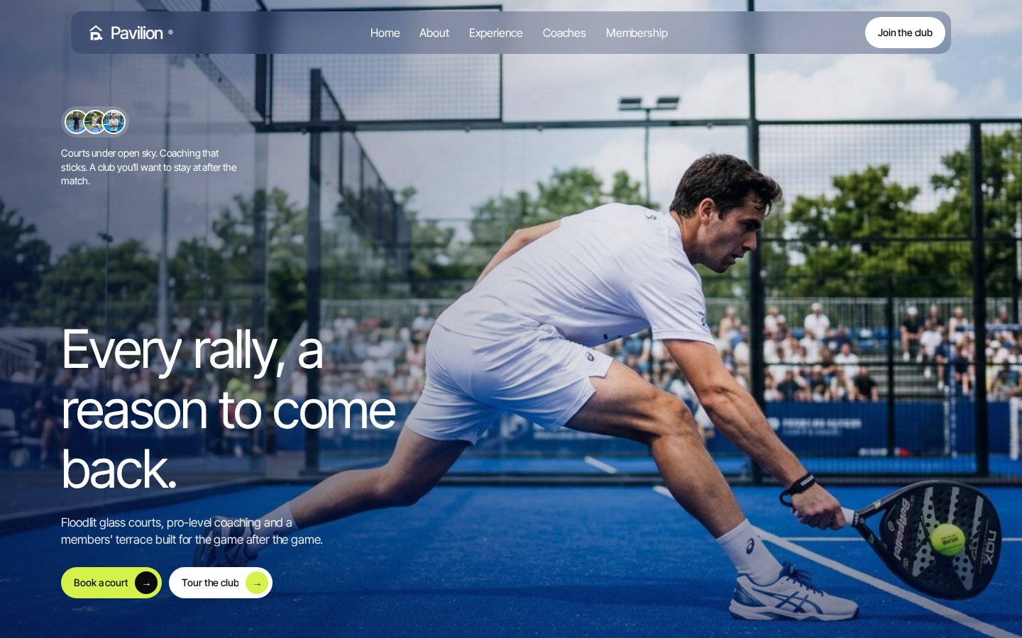 Homepage screenshot of Pavilion – Padel Club Website with GSAP & Lenis Motion, designed and built by Munawar Baloch