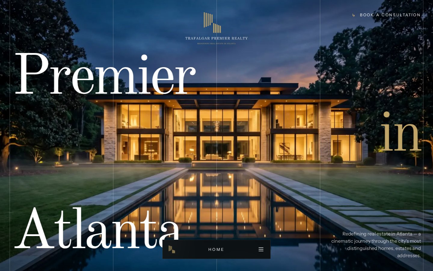 Homepage screenshot of Trafalgar Premier Realty – Luxury Real Estate Website for Atlanta, designed and built by Munawar Baloch